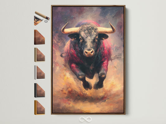 A vibrant bull artwork is framed in brown. The frame options are displayed beside it. The artwork features a powerful bull in motion. It is a stunning piece suitable for any room. Explore framing options to enhance your art.