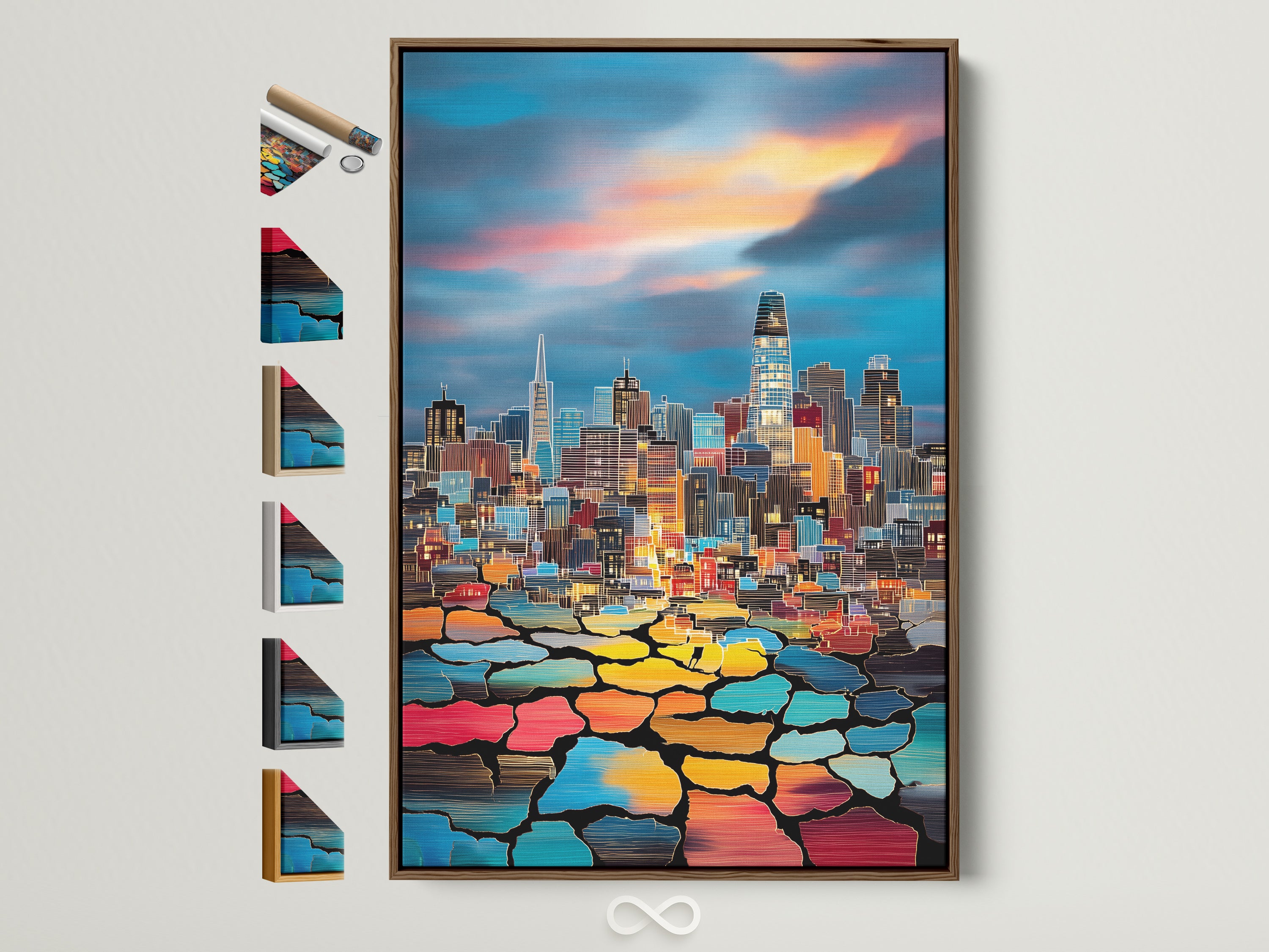 A colorful cityscape artwork is displayed in a brown frame. This modern art piece adds a vibrant touch to any room. The frame options are showcased beside it offering various styles.