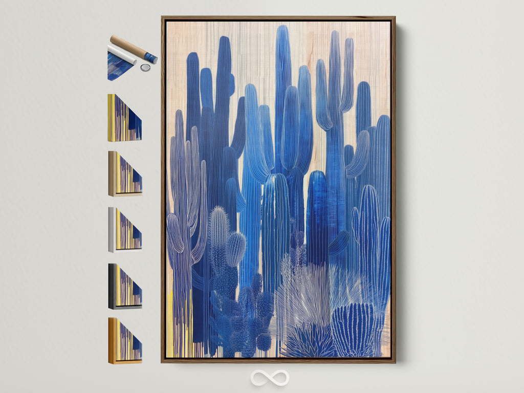 Brown frame showcasing available frame options. See all frame styles available for your next cactus art or desert canvas. Find the perfect frame for blue botanical artwork. Elevate your home office decor with southwestern art.