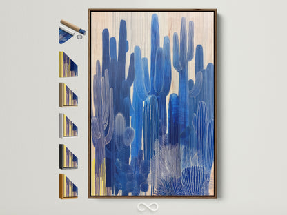 Brown frame showcasing available frame options. See all frame styles available for your next cactus art or desert canvas. Find the perfect frame for blue botanical artwork. Elevate your home office decor with southwestern art.