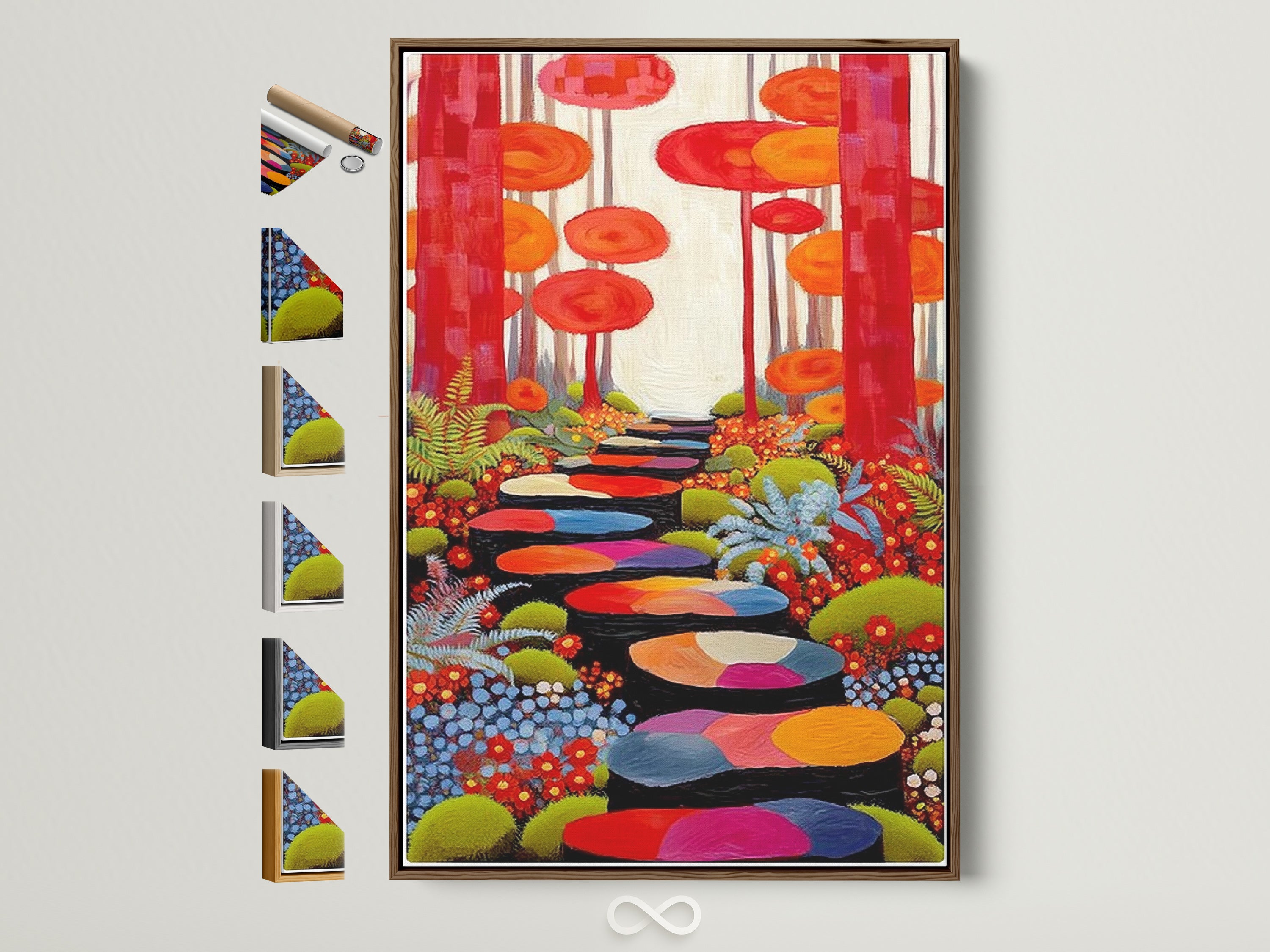 Explore framed art options. This image showcases an Enchanted Forest canvas print with a brown frame. See all available frame styles to customize your colorful trees wall art. Perfect for adding a whimsical touch to your home decor. Discover the ideal frame to enhance your vibrant artwork today.