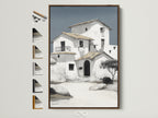 Mediterranean house artwork with a brown frame displayed on a white wall. The art piece features a minimalist white building art style. Explore our range of frame options to find the perfect match for your coastal architecture wall art. Shop now for elevated neutral home art.