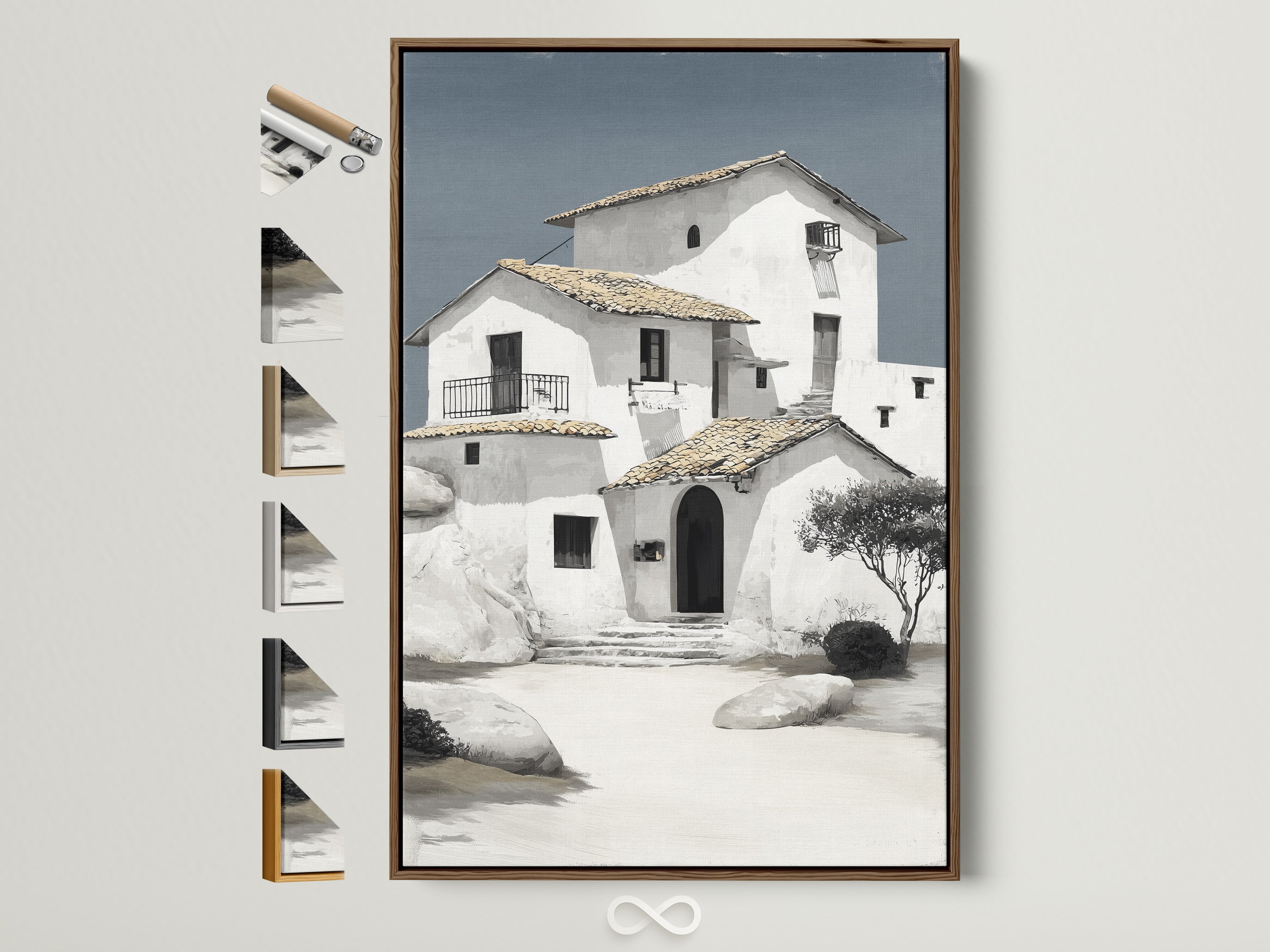 Mediterranean house artwork with a brown frame displayed on a white wall. The art piece features a minimalist white building art style. Explore our range of frame options to find the perfect match for your coastal architecture wall art. Shop now for elevated neutral home art.