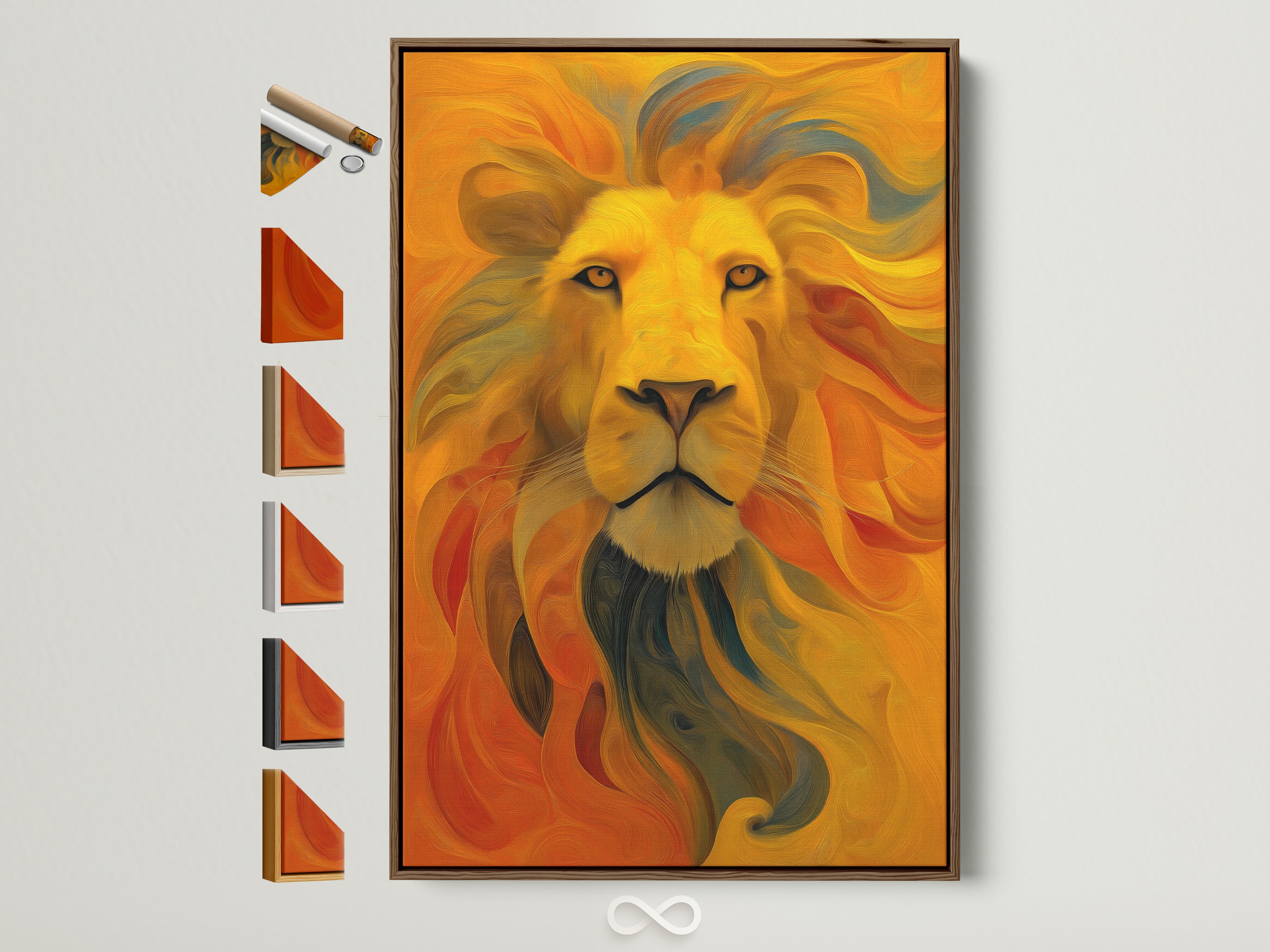 Framed lion artwork adds a touch of wilderness to your living space. The brown frame enhances the artwork's warm tones. Explore framing options to perfectly match your interior style. Customize your art with various frame choices. Find the ideal frame to showcase your unique artwork.