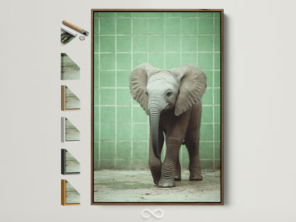 Baby Elephant artwork in a brown frame. See all frame options available. This neutral tone art is perfect for a nursery or kids room. Explore our safari animal art prints today. Find the perfect animal artwork for your space.