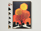 Abstract tree art in a brown frame. This mid-century modern wall art features an orange and black color palette. See all frame options available for this geometric art print. Perfect office wall decor.