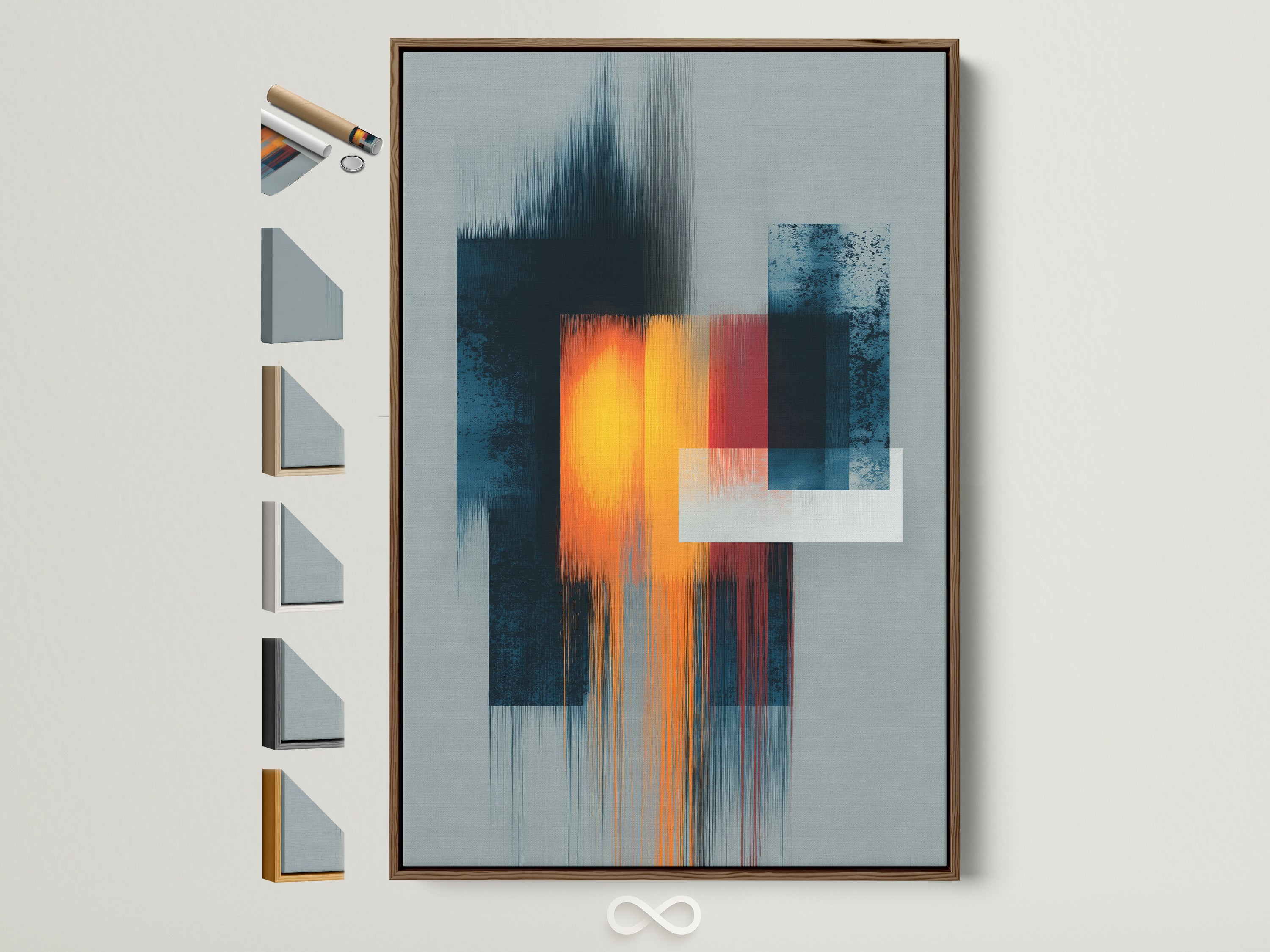 Abstract artwork in a brown frame hangs on a light beige wall. The art features a mix of dark blue yellow orange and red hues. Various frame options are displayed. Explore our range of frames to perfectly complement your art.