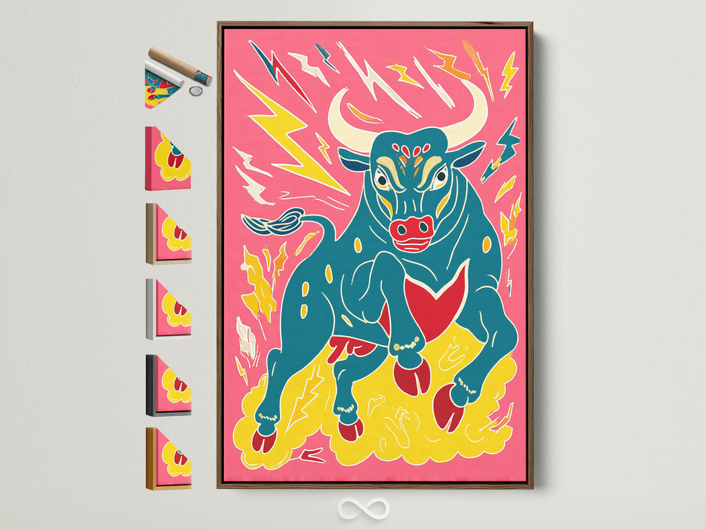 Framed bull artwork in a brown frame. The pop art print features a colorful animal on a pink background. See all frame options to match your maximalist decor. Find the perfect bold wall art for your home.