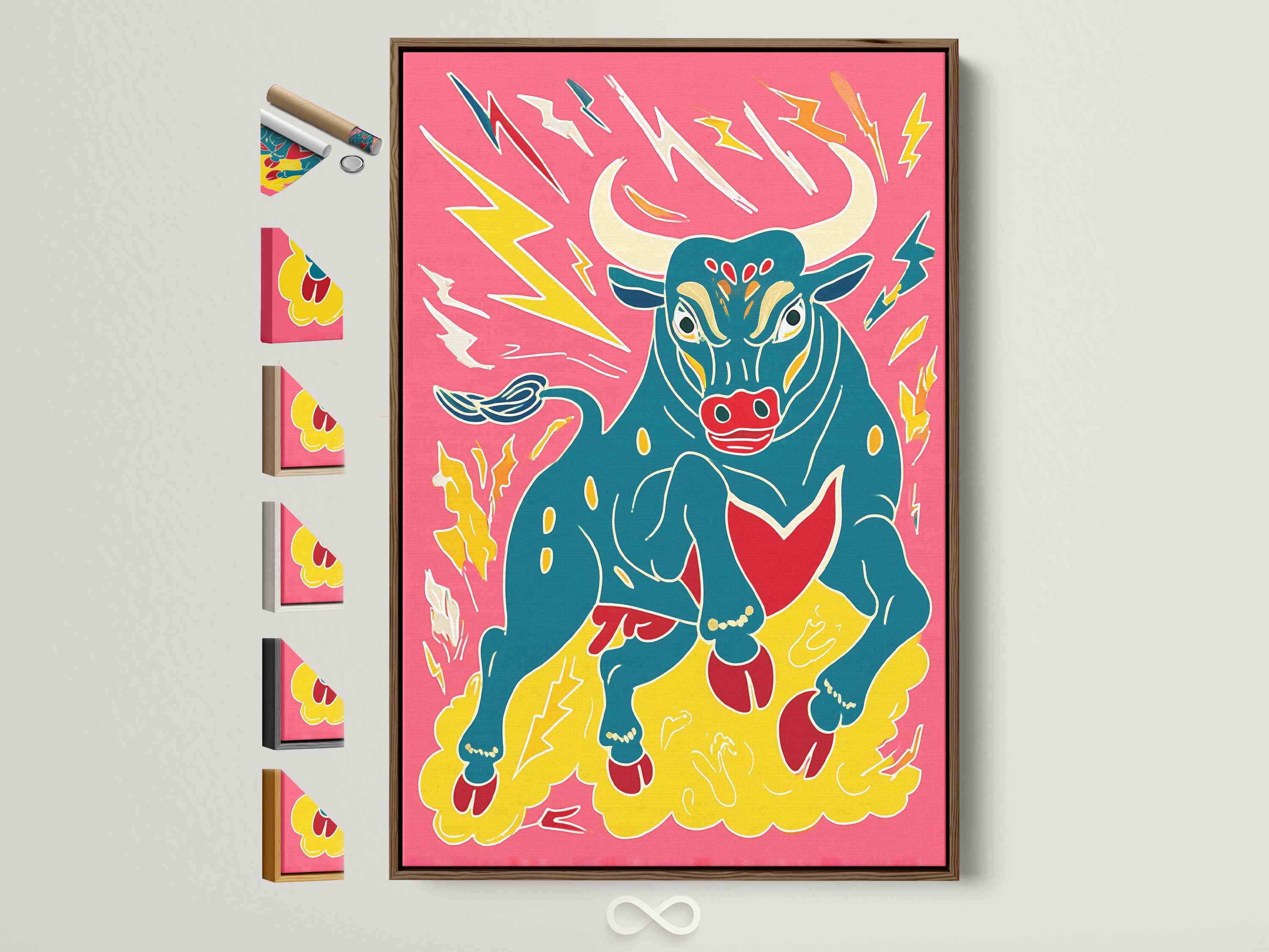 Framed bull artwork in a brown frame. The pop art print features a colorful animal on a pink background. See all frame options to match your maximalist decor. Find the perfect bold wall art for your home.