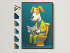 A brown frame displays the 'Dog on Toilet' artwork. This funny bathroom wall art features a dog reading on a toilet. Several frame options are visible on the side. A perfect quirky addition to restroom decor.
