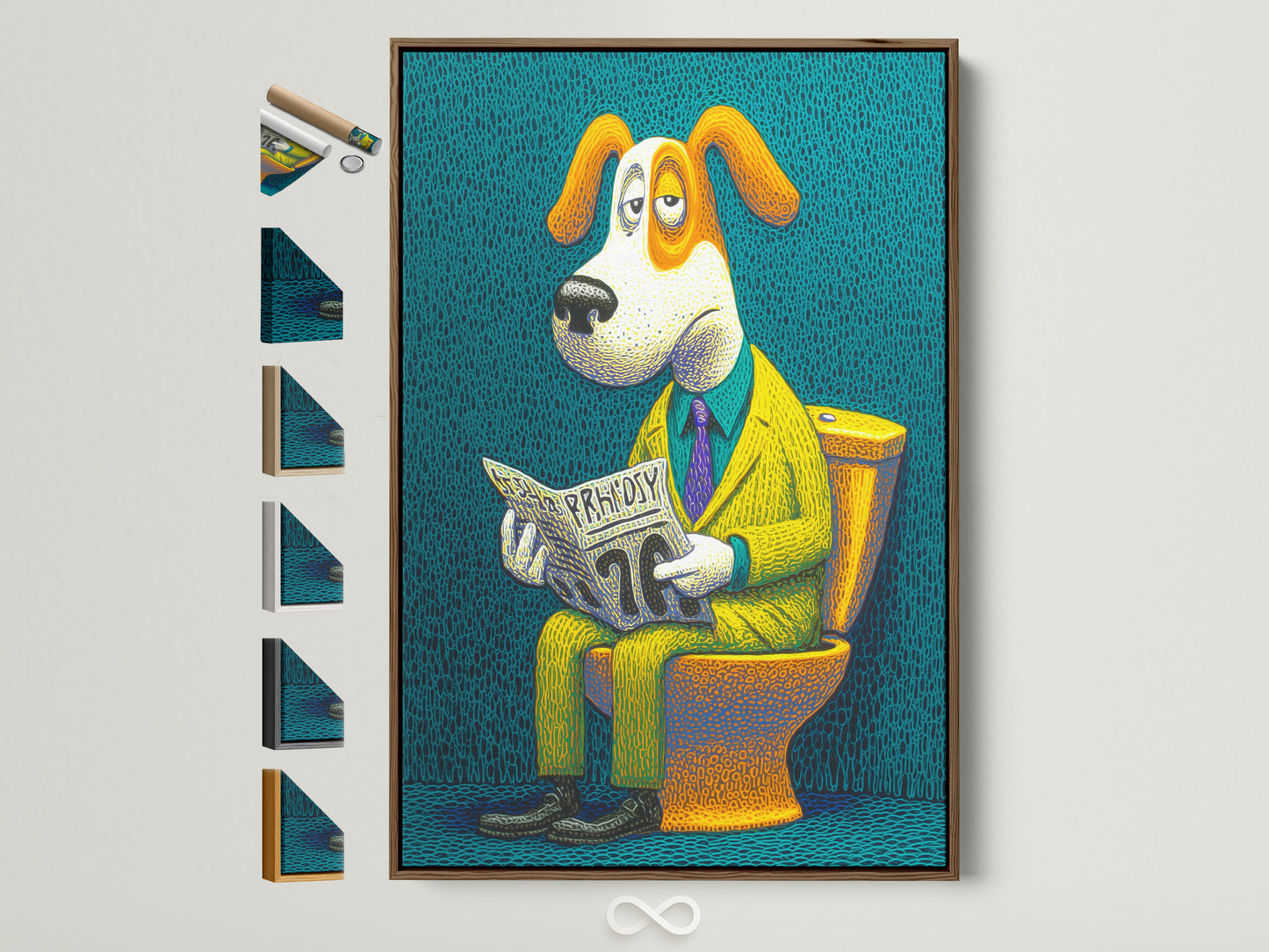 A brown frame displays the 'Dog on Toilet' artwork. This funny bathroom wall art features a dog reading on a toilet. Several frame options are visible on the side. A perfect quirky addition to restroom decor.