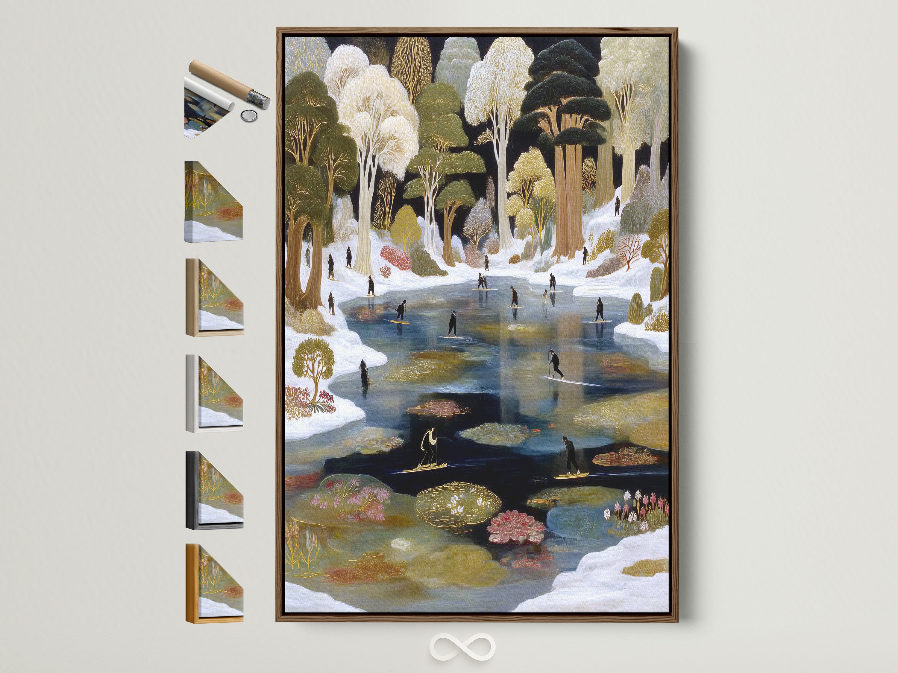 A brown frame displays the Winter Pond artwork. This folk art canvas features a vintage ice skating print. See all frame options available for our cozy bedroom wall art. Perfect for homeowners and interior designers.