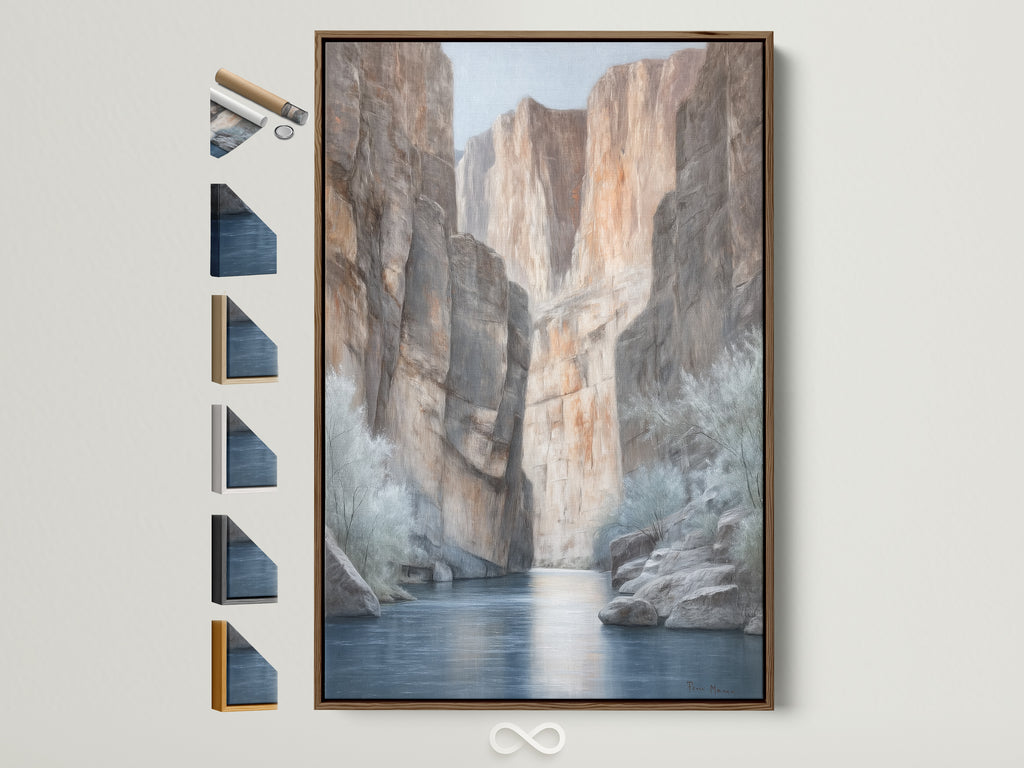Canyon River canvas print with a brown frame. This desert landscape wall art features neutral tones. It's a nature painting perfect for office wall decor. See frame options here. Add a touch of Southwestern charm to your space with earth tone art. This scenic canvas captures the beauty of the canyon and river.