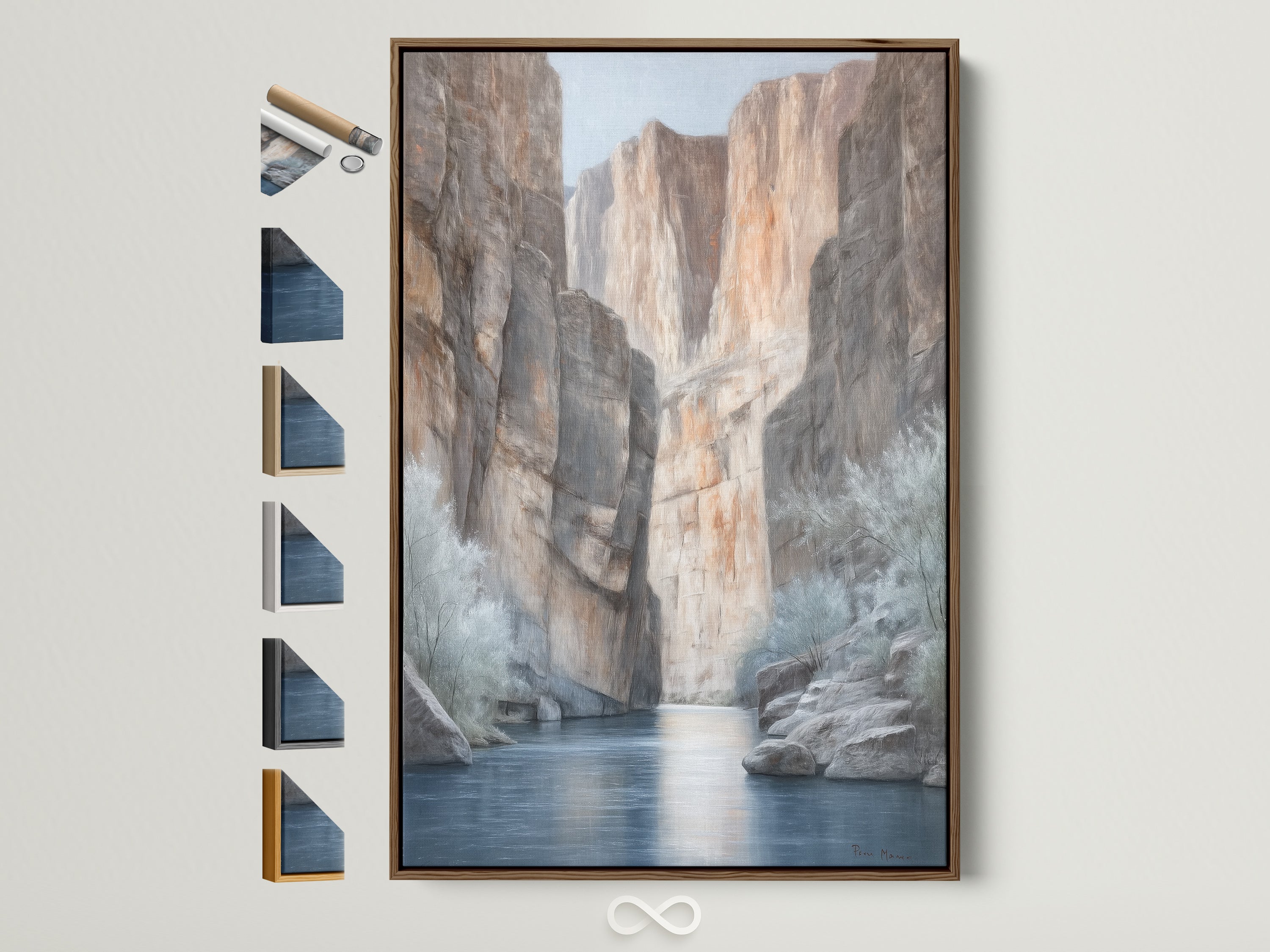 Canyon River canvas print with a brown frame. This desert landscape wall art features neutral tones. It's a nature painting perfect for office wall decor. See frame options here. Add a touch of Southwestern charm to your space with earth tone art. This scenic canvas captures the beauty of the canyon and river.