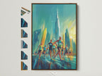 Artwork showcasing a marathon race with skyscrapers in the backdrop. The art is displayed with a brown frame. This image shows available frame options. Find the perfect frame to complement your artwork. Many frame styles are available to choose from