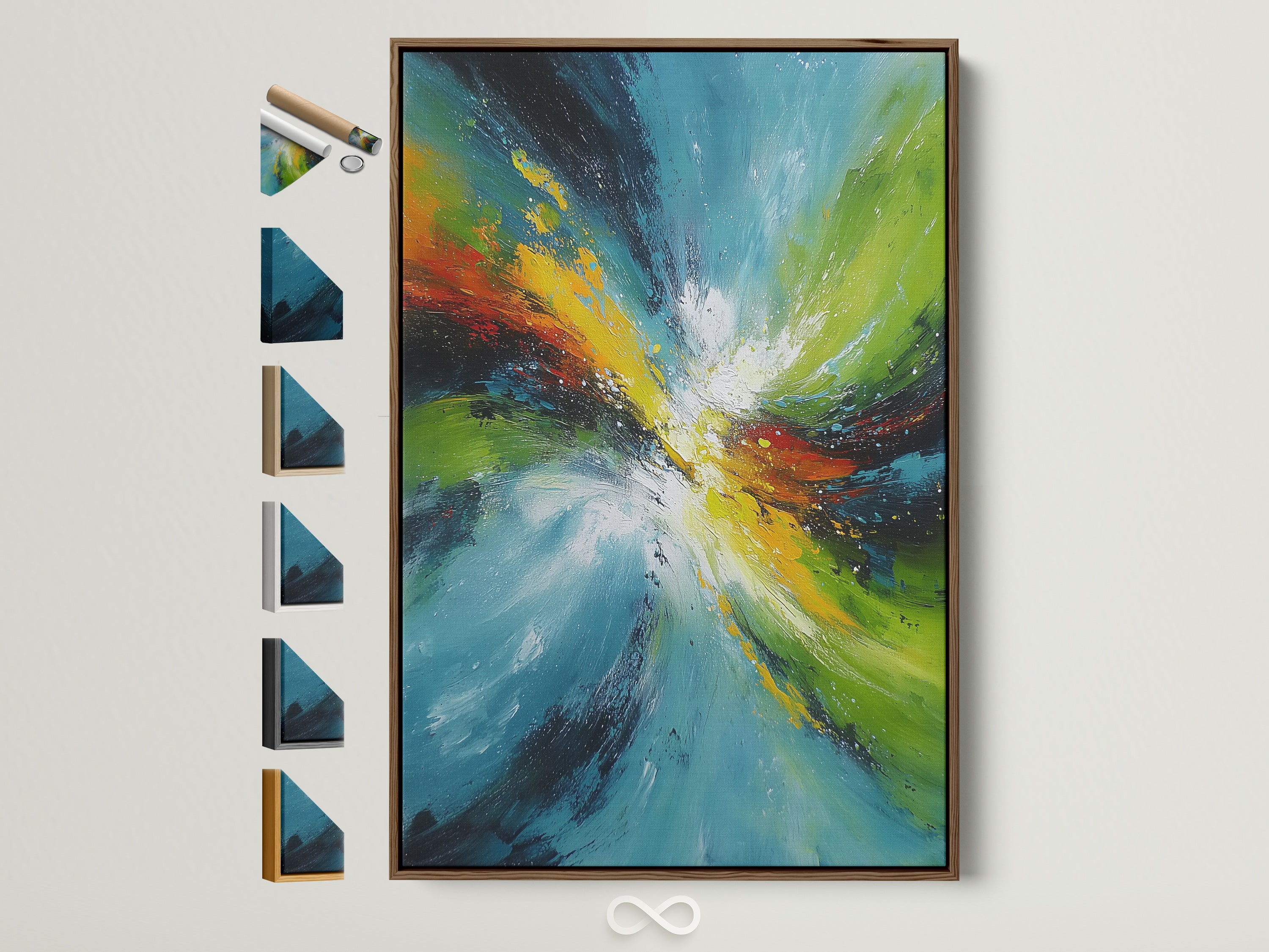A vibrant abstract swirl artwork is displayed in a brown frame. The artwork features a burst of turquoise green red and yellow colors. This contemporary motion painting adds energy to any office or living space. Consider the frame options available for the perfect fit.