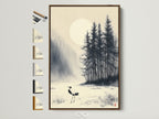 Explore framed Asian wall art featuring a crane Japanese ink wash. The winter forest artwork is displayed in a brown frame. See all available frame options to enhance your entryway decor. This serene wall art complements minimalist and zen styles. Perfect for homeowners renters and interior designers.