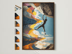 Rock climbing art print in a brown frame. All frame options are displayed on the side. This adventure canvas wall art is perfect for your home. It can also be a great gift for extreme sports enthusiasts