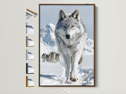 A majestic wolf artwork in a brown frame. The frame options are displayed on the side. This winter animal wall art adds a touch of wildlife photography to your cabin decor. A great gift for any nature lover.