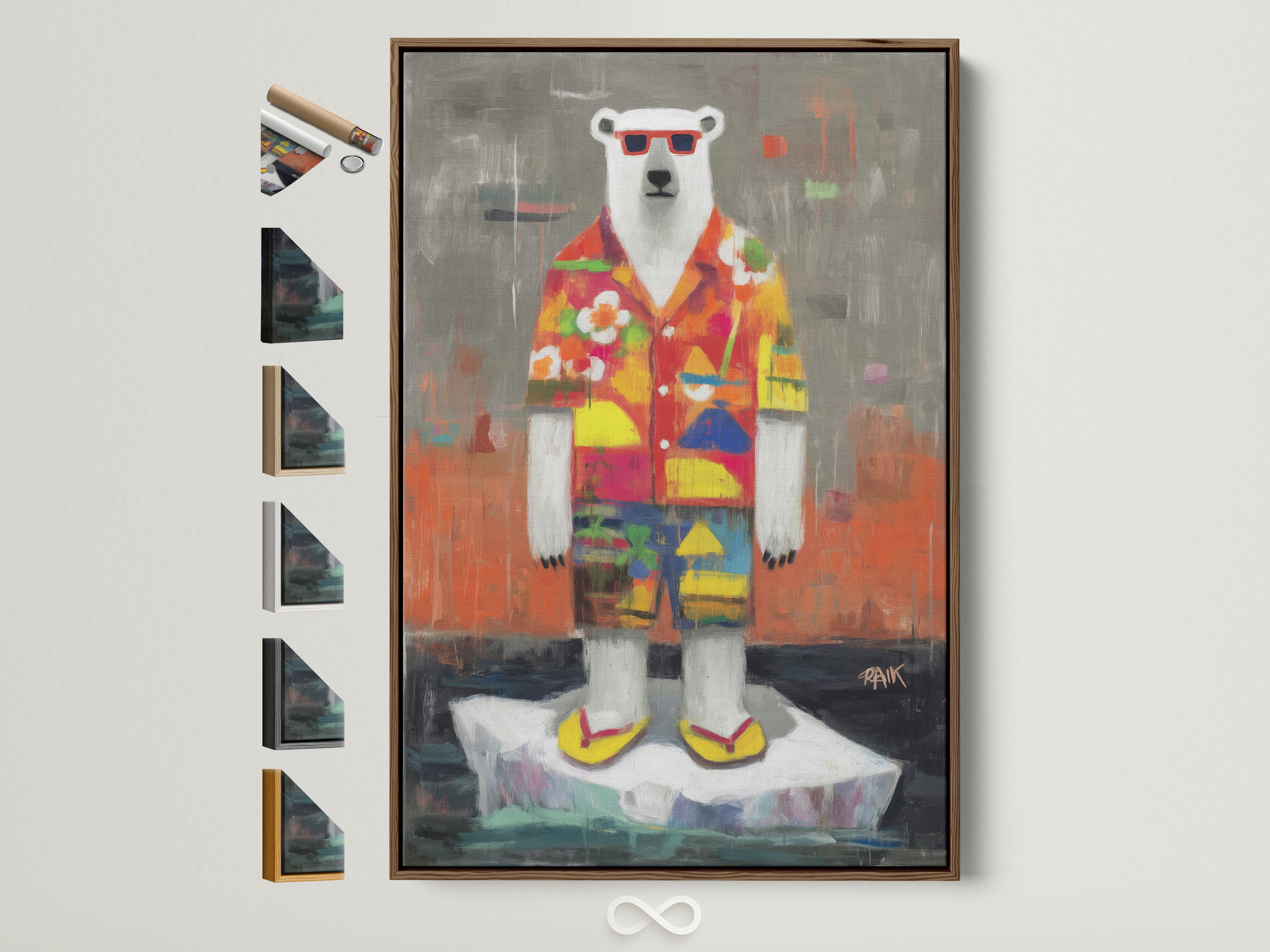 A quirky animal artwork featuring a cool polar bear in a tropical shirt. This is displayed in a brown frame. See all available frame options. Perfect for living room wall art. Also great for kids room decor or man cave decor.