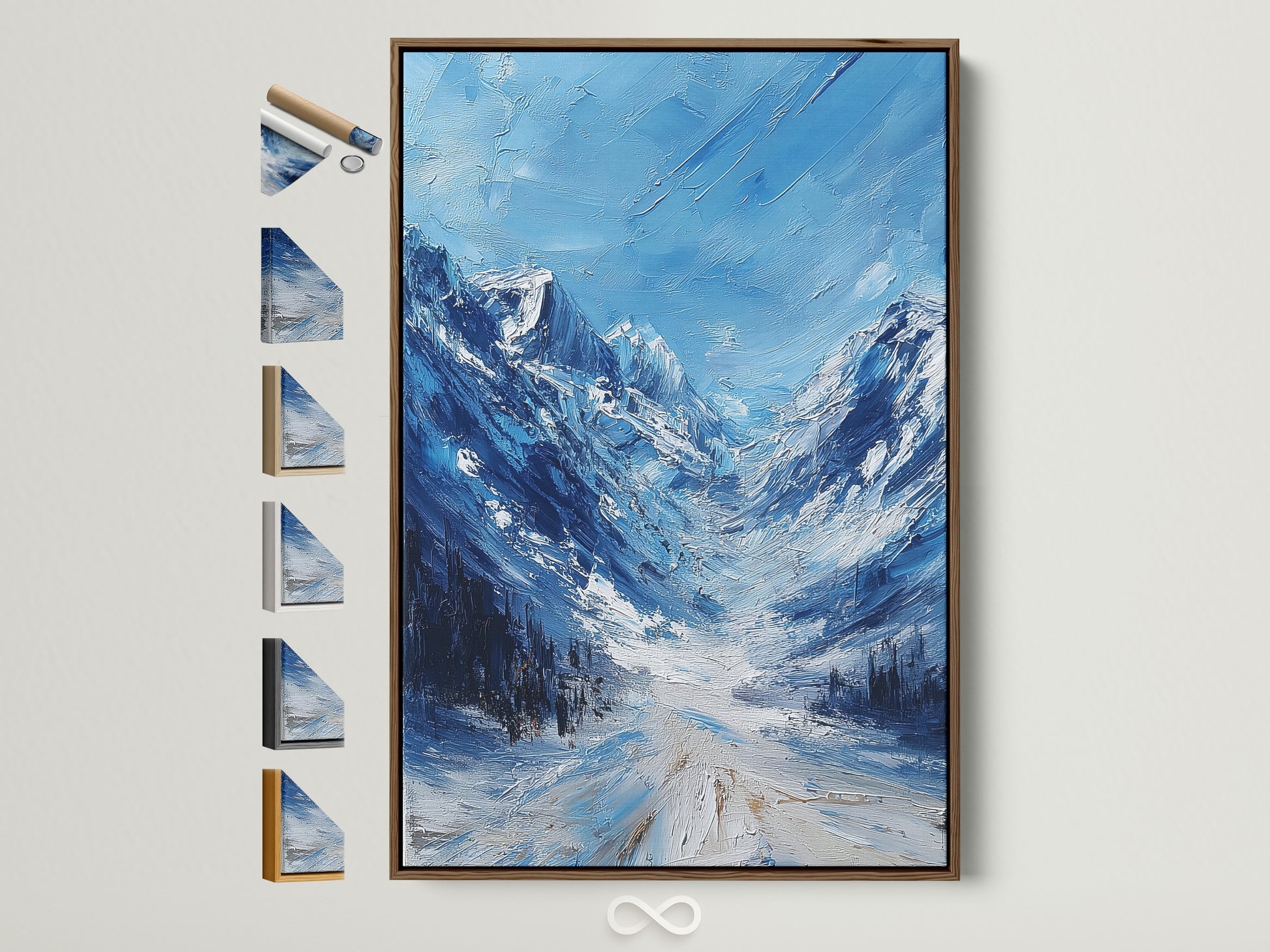 Explore framing options for your artwork. This brown frame is displayed alongside other frame choices. Find the perfect frame to complement your art. Each frame enhances the artwork's beauty. Discover how different frames change the artwork's feel. Consider the brown frame for a warm natural look.