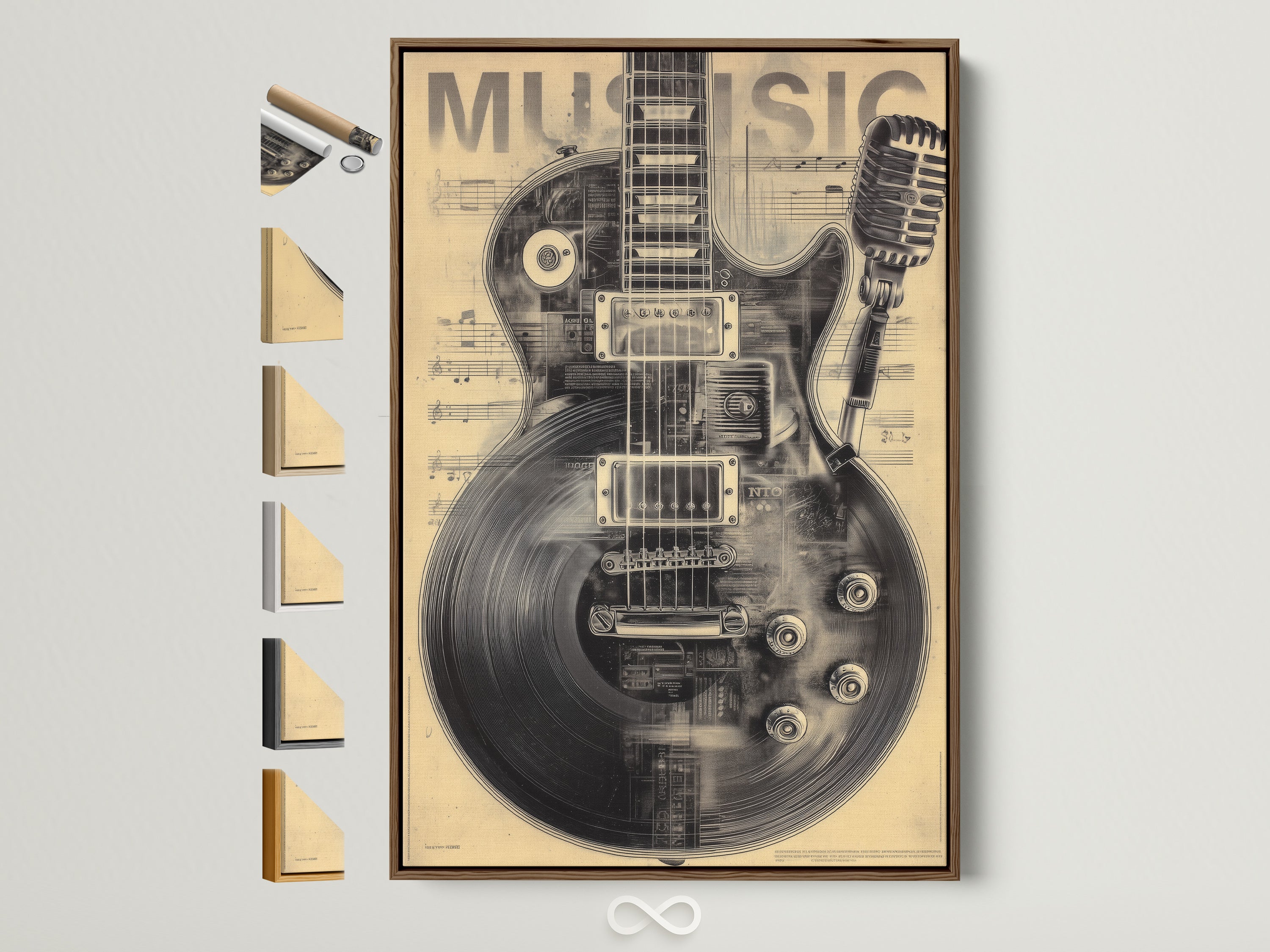 Vintage guitar music artwork with a brown frame. The sepia print features a guitar and microphone on sheet music. Frame options are displayed. Perfect for music rooms or studios. Add musical history to your space with this unique piece.