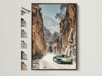 Sports Car Canyon Artwork with a brown frame. The art features a green sports car driving through a desert canyon. All frame options are displayed on the side. Perfect automotive art for man cave decor or modern living spaces.
