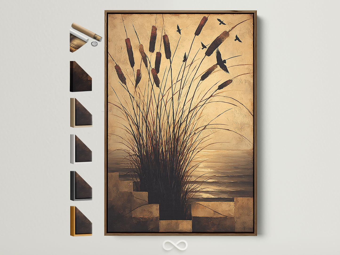 Cattails canvas print in a brown frame. View all our frame options on the side. A coastal wall art piece featuring birds over water artwork. Neutral color prints perfect for serene home decor.
