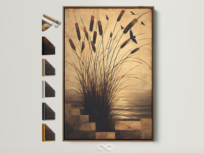 Cattails canvas print in a brown frame. View all our frame options on the side. A coastal wall art piece featuring birds over water artwork. Neutral color prints perfect for serene home decor.