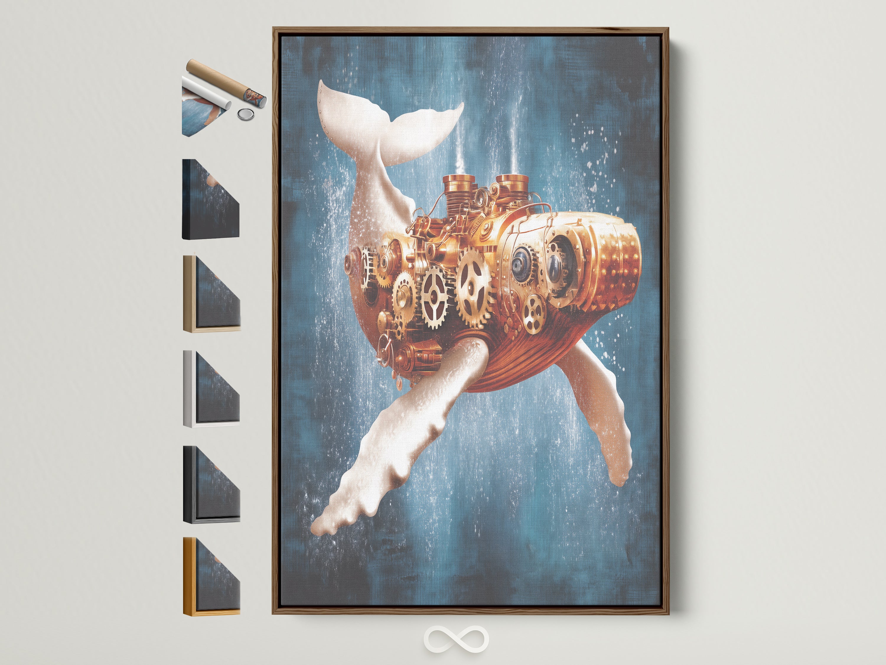 Steampunk Whale artwork with a brown frame. The artwork features a mechanical whale with gears and nautical elements. This gold and blue piece adds a vintage touch to any study room or office. All frame options are displayed for your consideration.