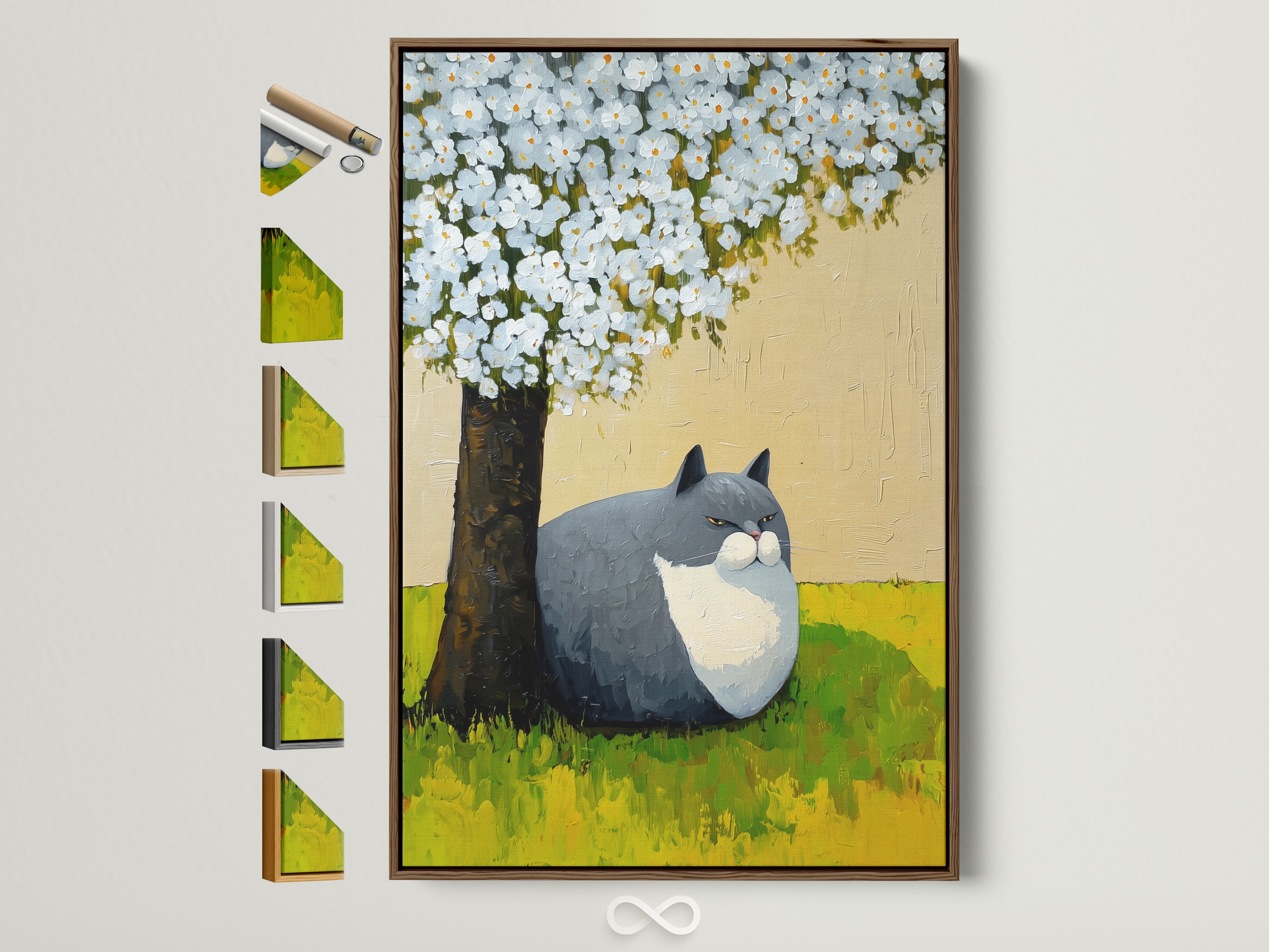 A whimsical animal artwork featuring a cat under a tree in a brown frame. Various frame options are displayed beside it. Perfect spring blossom artwork for nursery bedroom decor. This grey cat wall art adds a touch of nature to any room. It is ideal for cat lovers seeking peaceful art.