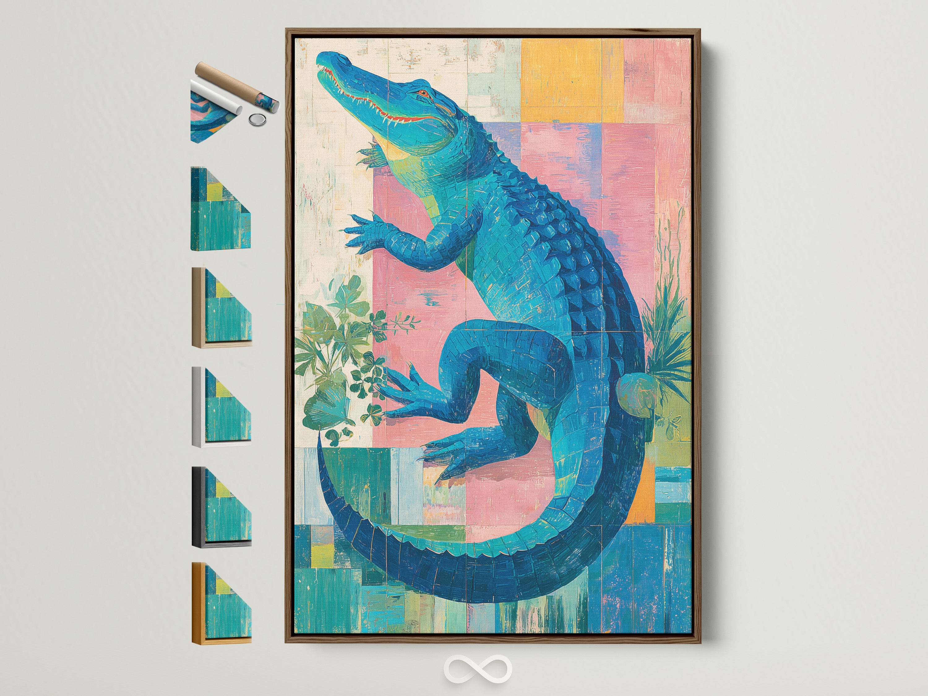 A colorful alligator artwork is displayed in a brown frame. Various frame options are showcased beside it. This wildlife canvas art adds a tropical touch. Perfect for coastal or eclectic decor styles.