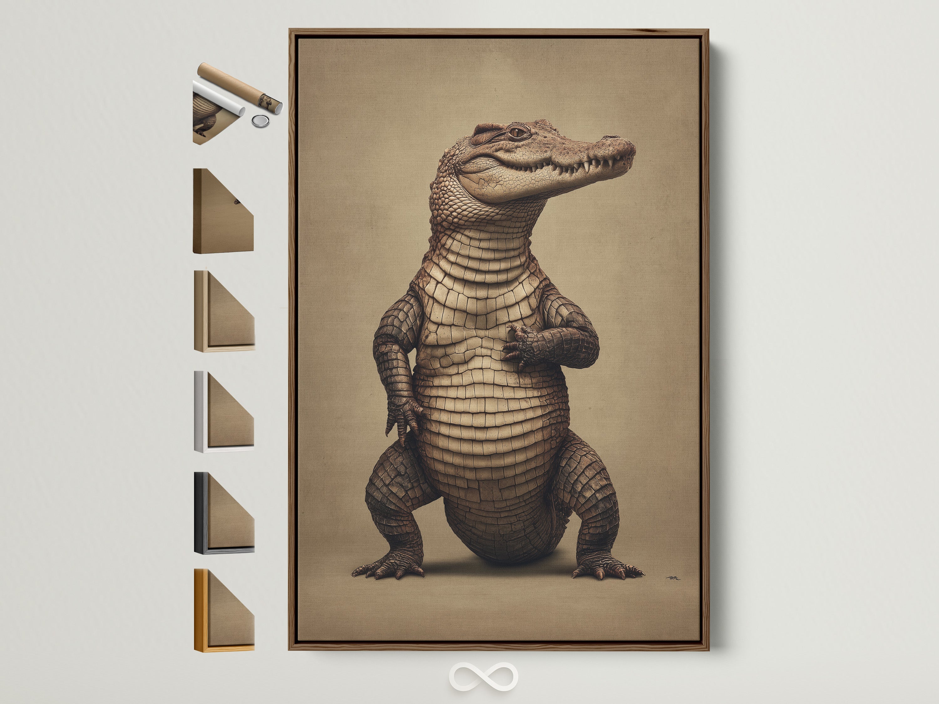 Explore our Alligator Wall Art in a rustic brown frame. This vintage animal canvas print adds character to any space. See all frame options for your sepia wildlife art. Perfect for man caves and office wall decor. Enhance your home with this unique piece.