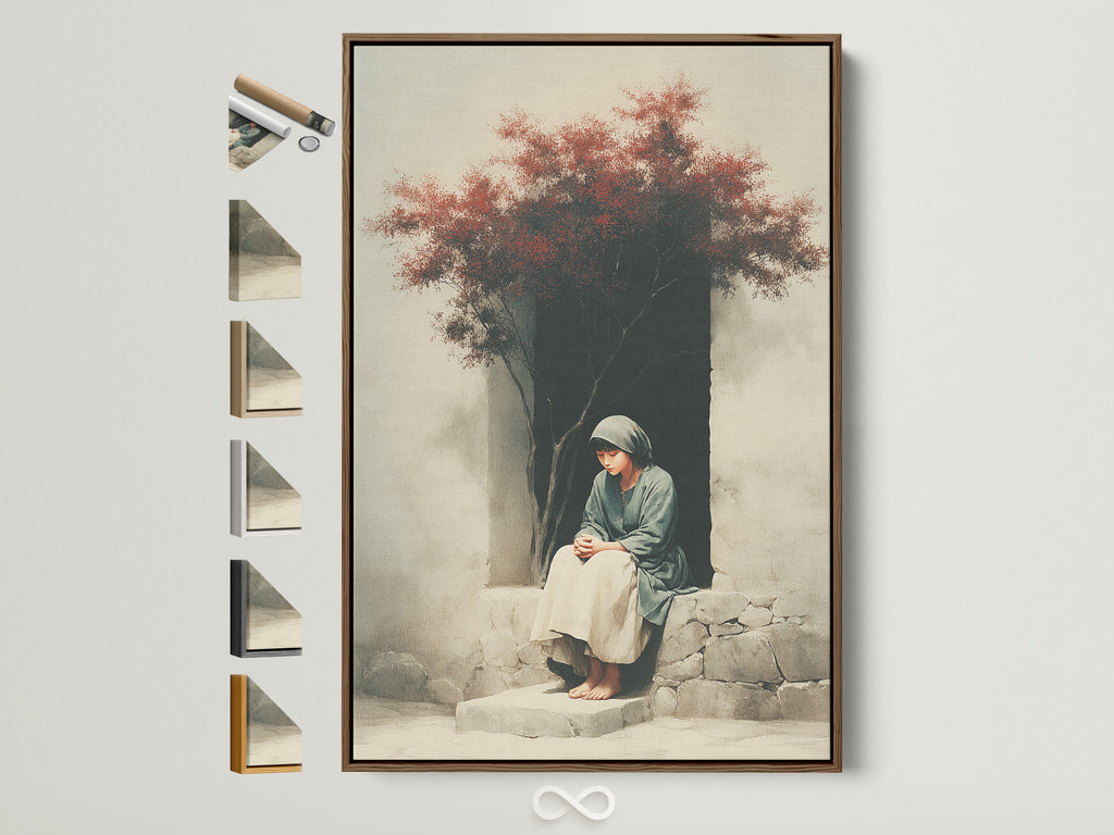 A serene artwork displayed in a brown frame. The frame showcases all available frame options on the side. Perfect for adding a touch of elegance to any room. Explore framing choices to complement your artwork. Enhance your space with our beautiful framed art.