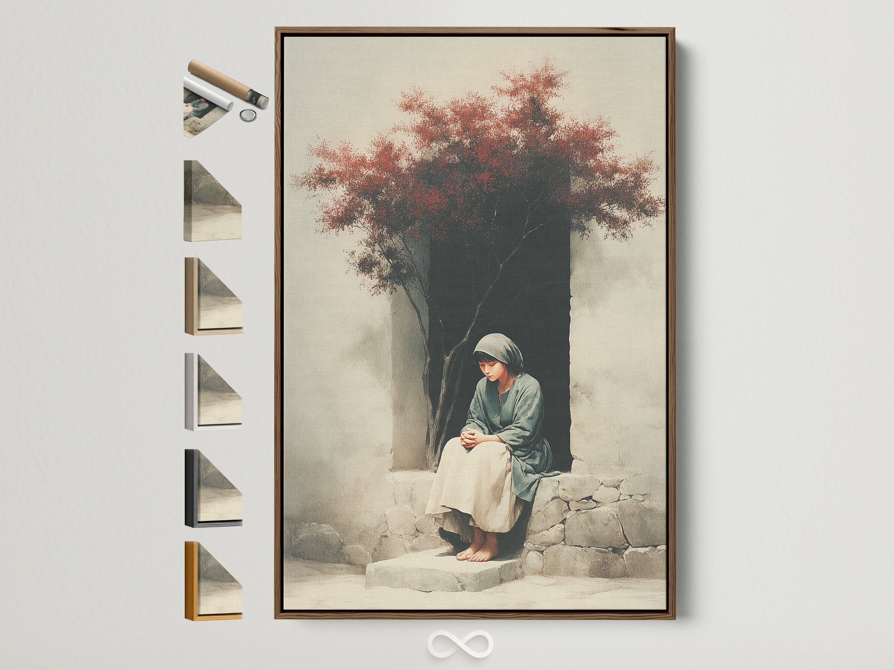 A serene artwork displayed in a brown frame. The frame showcases all available frame options on the side. Perfect for adding a touch of elegance to any room. Explore framing choices to complement your artwork. Enhance your space with our beautiful framed art.