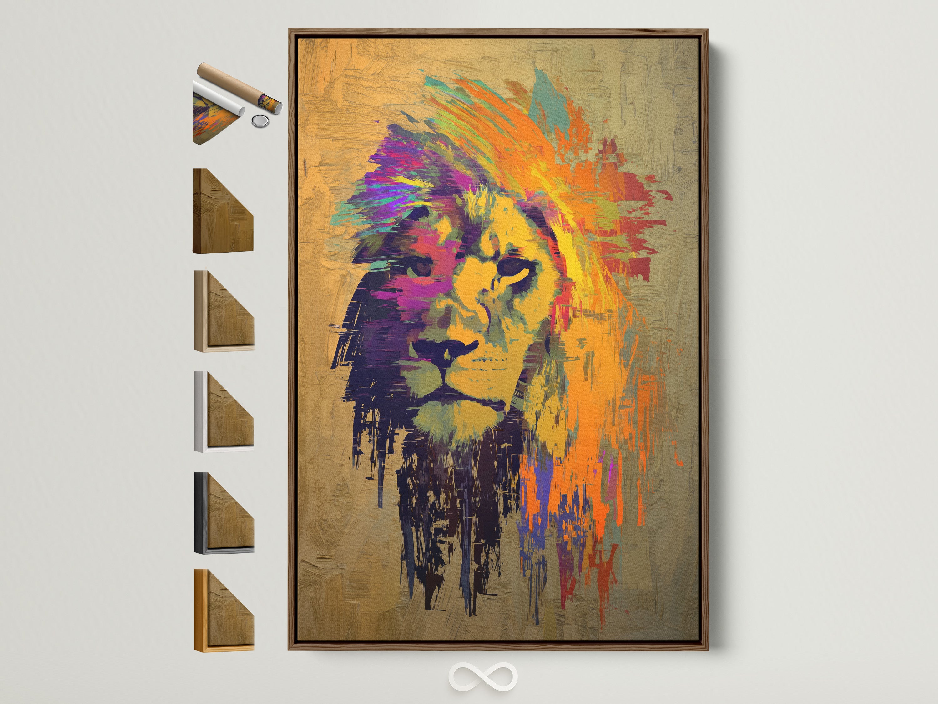 A vibrant lion artwork is displayed in a brown frame. This artwork adds a pop of color to any room. See all our frame options. Find the perfect fit for your artwork. Transform your living space with our unique framed art.