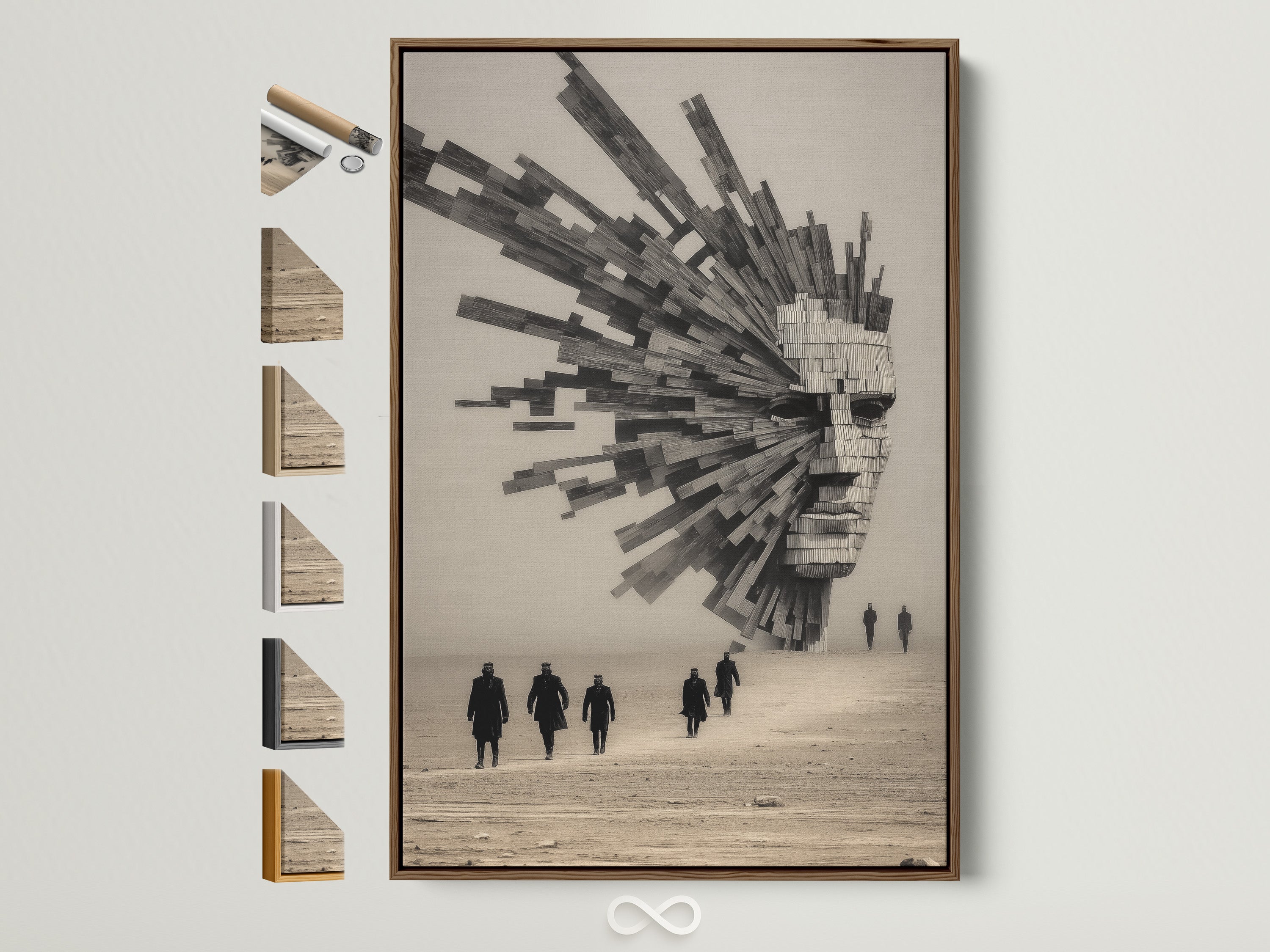 Surreal Architecture artwork with a brown frame. The frame options are displayed on the side. This piece blends abstract geometric elements. It is a modern monochrome poster ideal for office decor. The artwork adds an elevated touch to minimalist spaces.