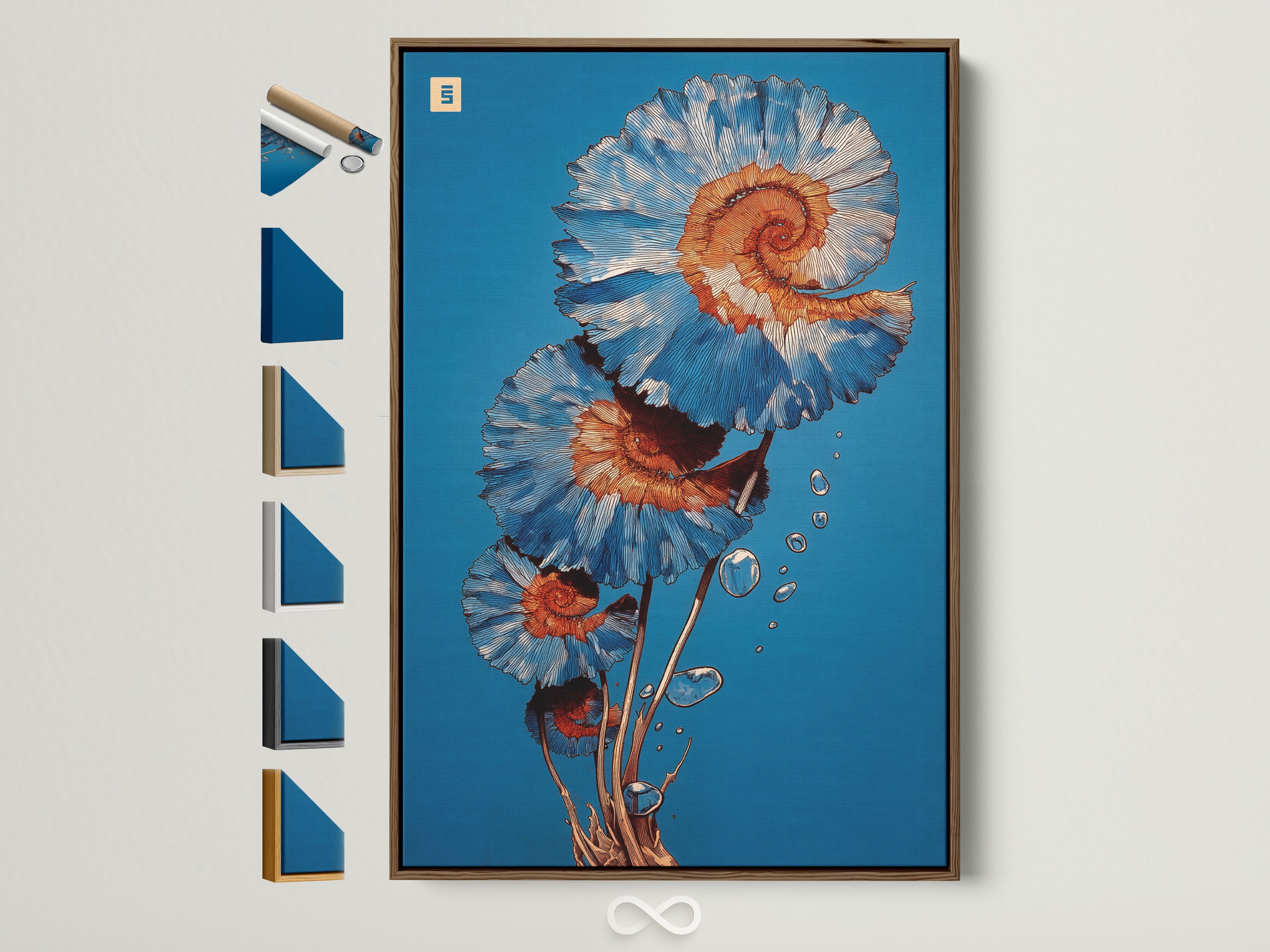 A spiral flower canvas print in a brown frame. The teal and coral botanical wall art adds a modern touch to any room. Frame options are displayed on the side. Perfect for coastal minimalist or contemporary art styles.