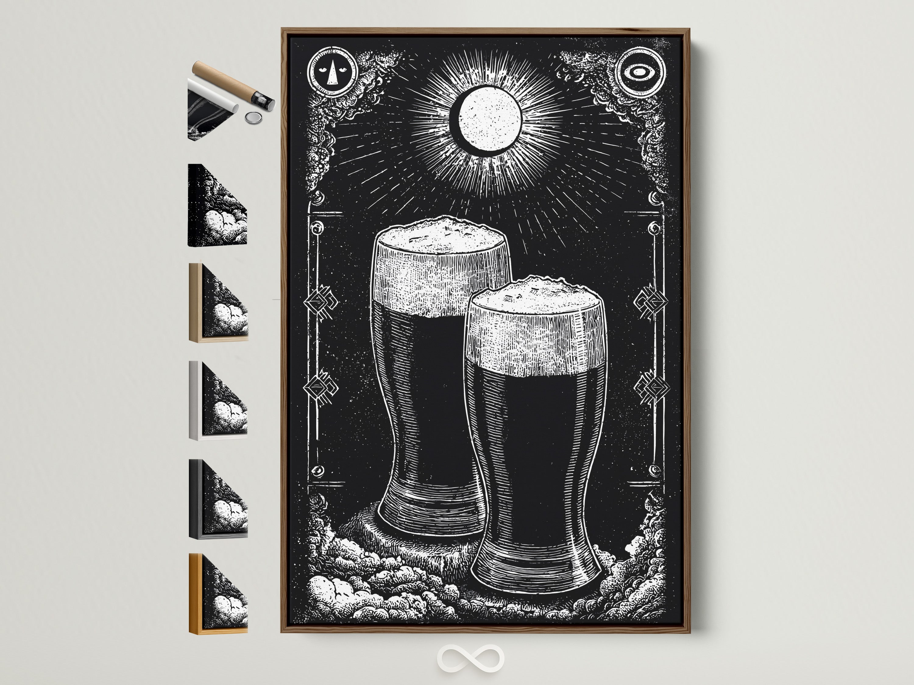 Brown frame with all frame options displayed on the side. The artwork features two glasses of dark beer under a shining moon. The monochromatic piece adds a touch of sophistication to any room. It is a perfect addition to your home decor.