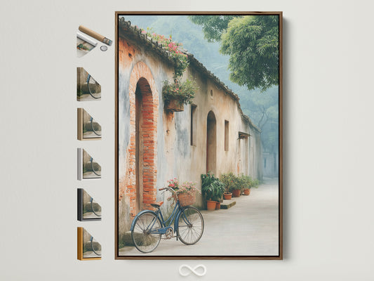 Vintage bicycle artwork framed in brown. This European street wall art adds rustic charm. It features a blue bicycle with a basket of flowers. The architecture print is perfect for study room decor. You can see all frame options displayed.