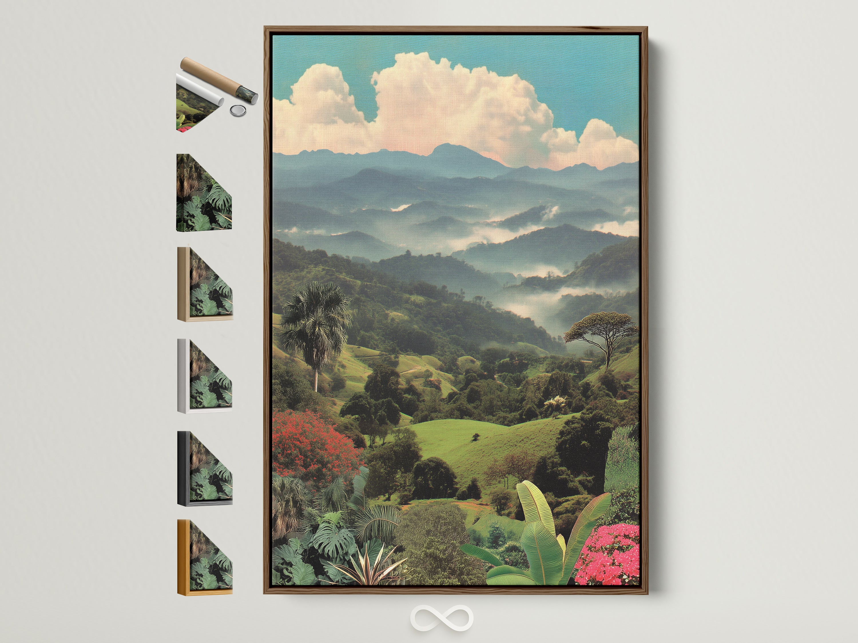 Tropical landscape artwork with a vintage mountain scene. The botanical scenery is perfect for office decor.  The artwork is framed in a brown frame. See frame options available to customize your artwork.