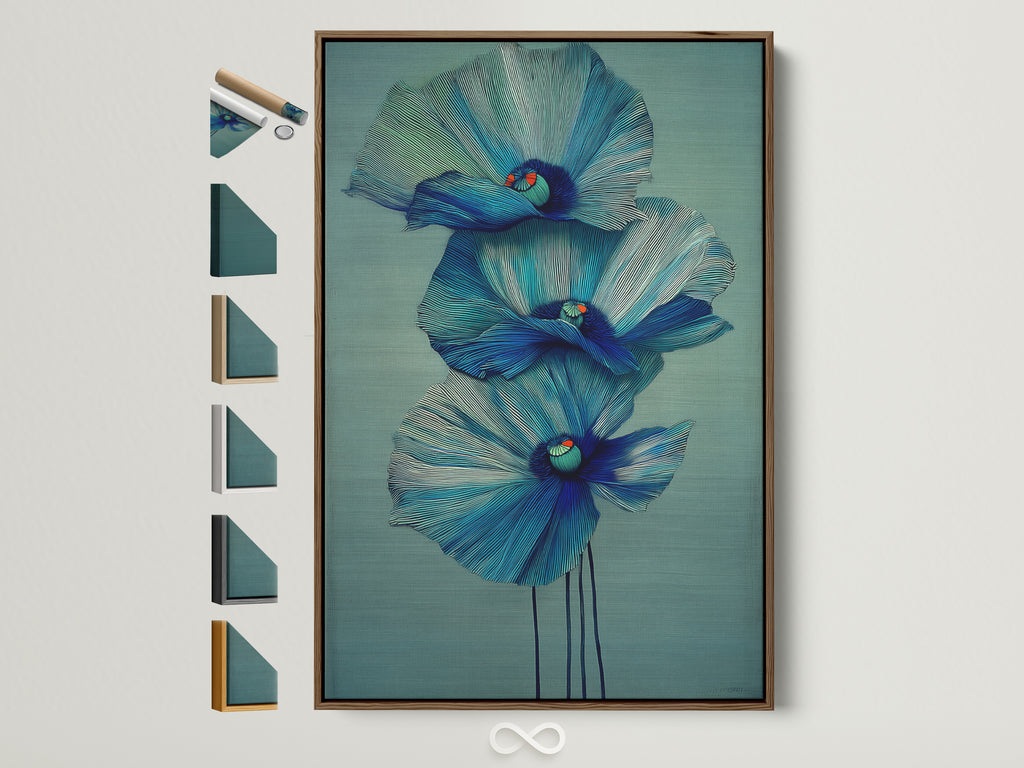 A blue floral canvas print is displayed in a brown frame. This modern botanical wall art features teal flowers. Discover all frame options for your fine art prints. Perfect for adding a touch of modern style to any room.