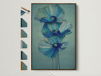 A blue floral canvas print is displayed in a brown frame. This modern botanical wall art features teal flowers. Discover all frame options for your fine art prints. Perfect for adding a touch of modern style to any room.