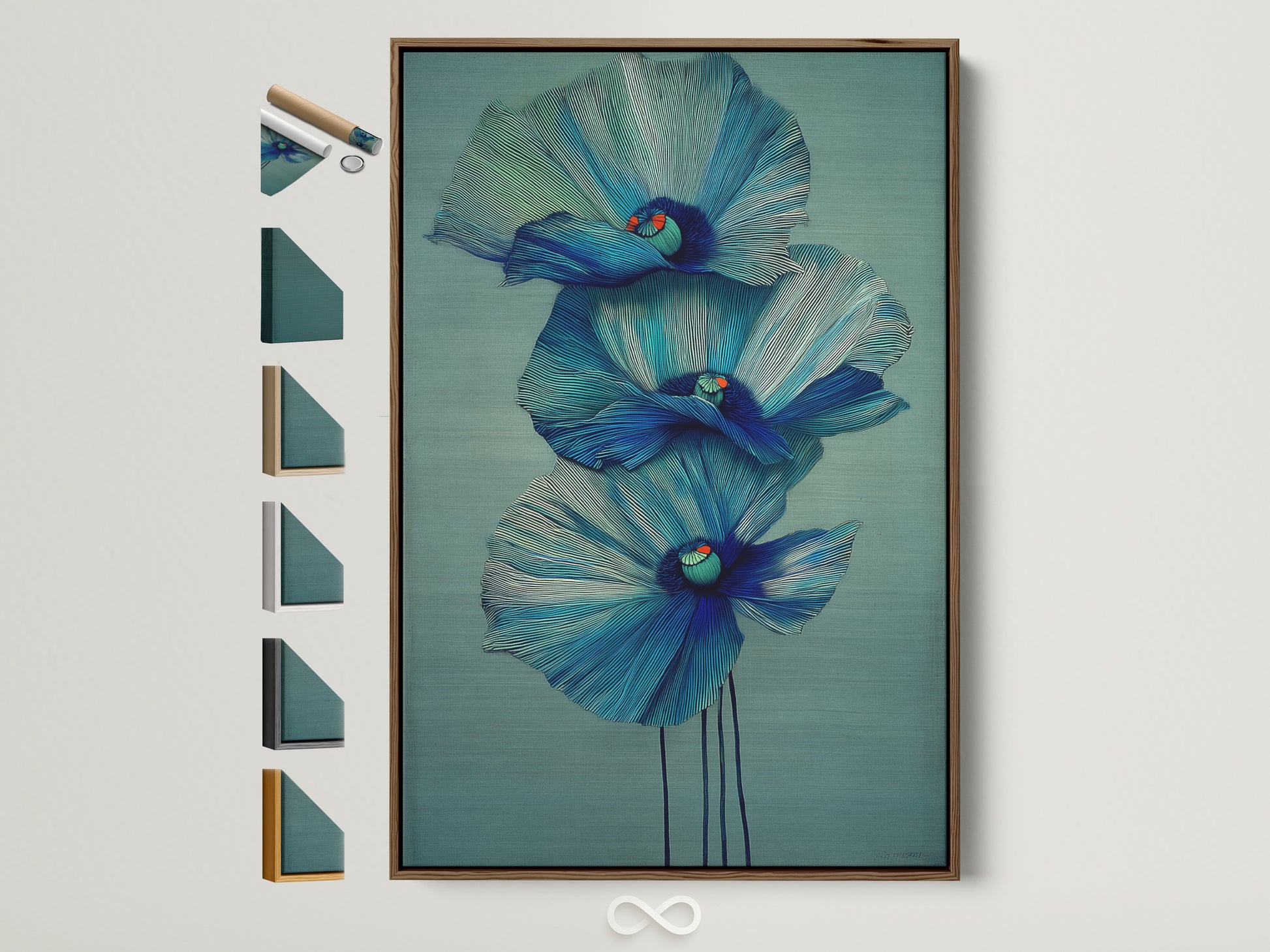 A blue floral canvas print is displayed in a brown frame. This modern botanical wall art features teal flowers. Discover all frame options for your fine art prints. Perfect for adding a touch of modern style to any room.