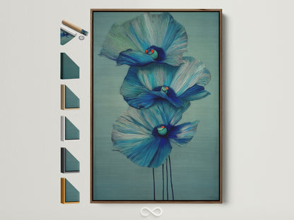 A blue floral canvas print is displayed in a brown frame. This modern botanical wall art features teal flowers. Discover all frame options for your fine art prints. Perfect for adding a touch of modern style to any room.
