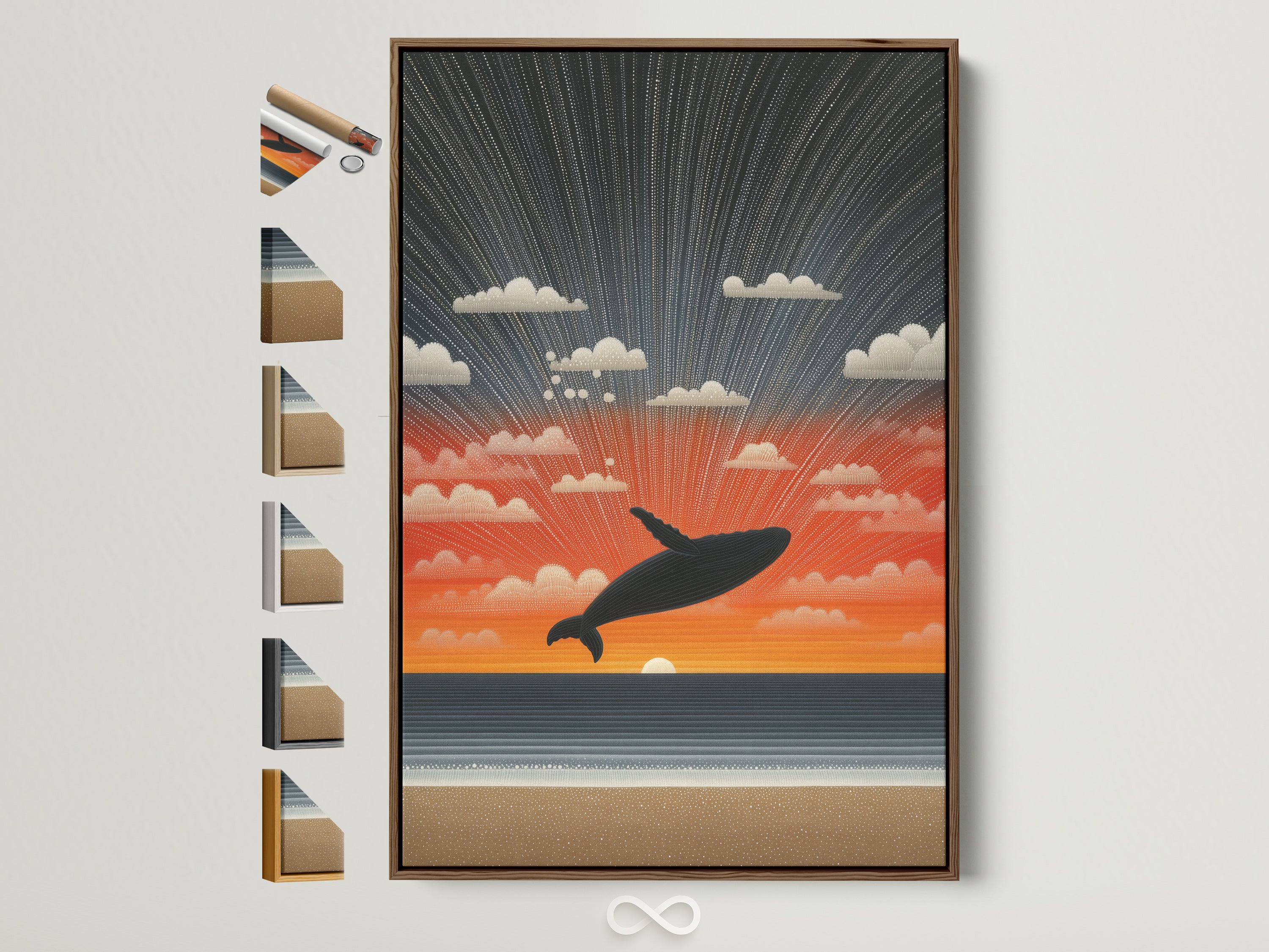 Whale Sunset coastal artwork in a brown frame. See all our frame options. Find the perfect frame to complement your ocean artwork. Choose from a variety of styles to match your taste.