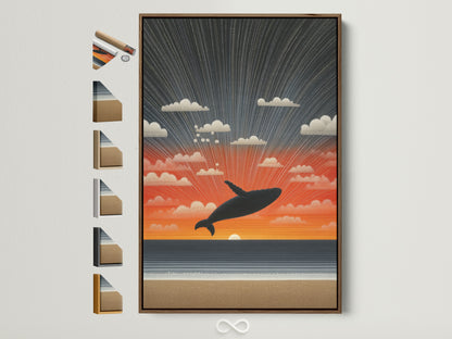 Whale Sunset coastal artwork in a brown frame. See all our frame options. Find the perfect frame to complement your ocean artwork. Choose from a variety of styles to match your taste.