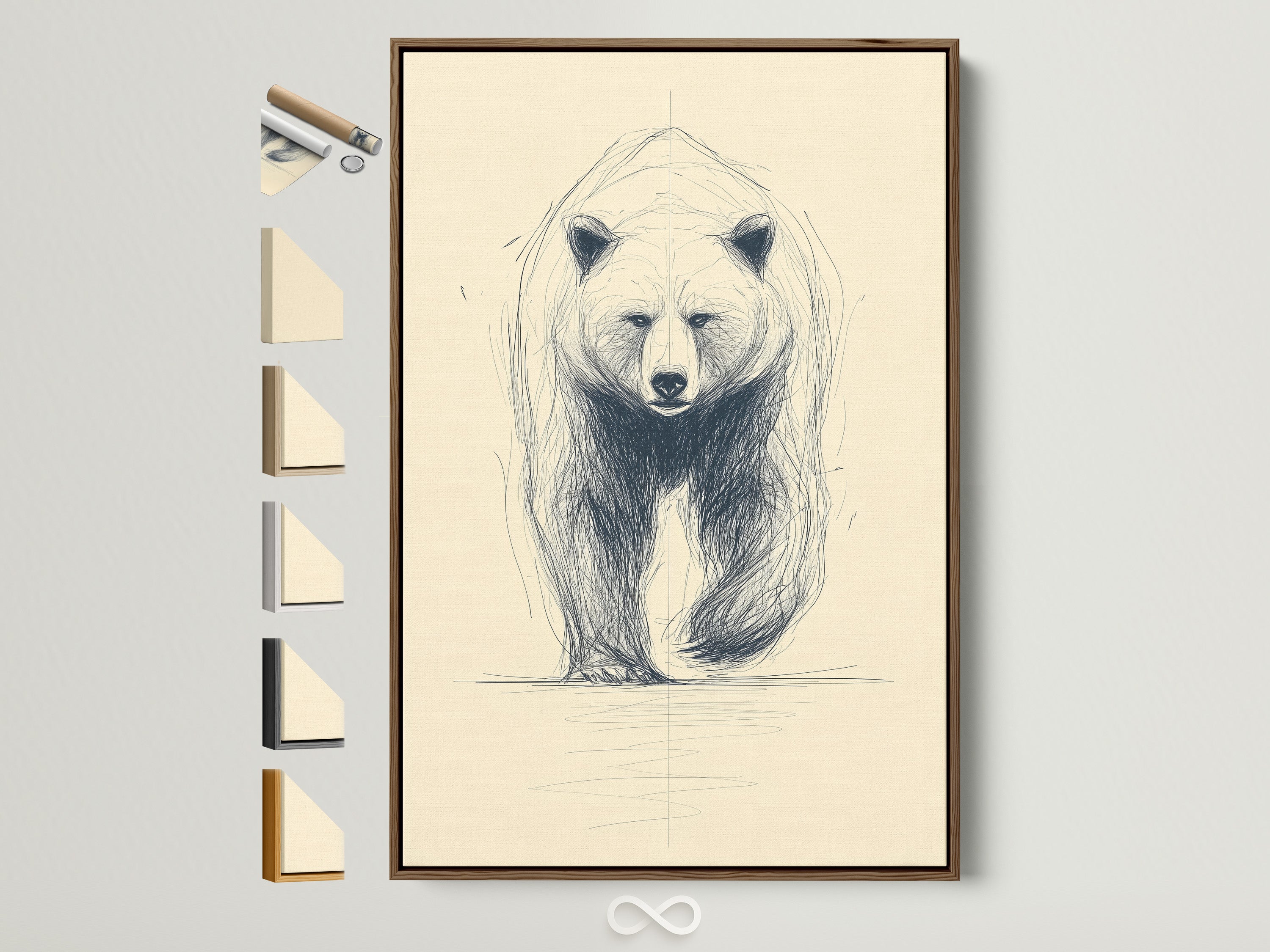 Framed bear art print on a wall. The frame is brown with all frame options displayed on the side. This minimalist wildlife sketch adds rustic charm to any room. Perfect for study rooms or cabin decor. The animal drawing is a vintage-inspired piece.