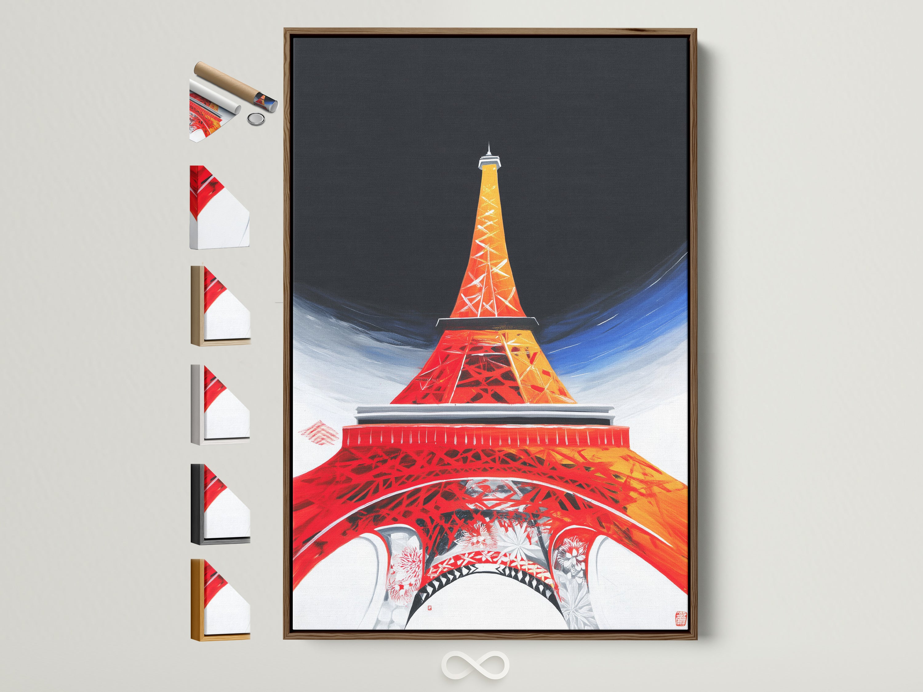 Explore our artwork framing options. A brown frame is showcased alongside our available frame styles. Find the perfect frame to complement your Eiffel Tower art. Enhance your Paris wall art with our premium frame choices.