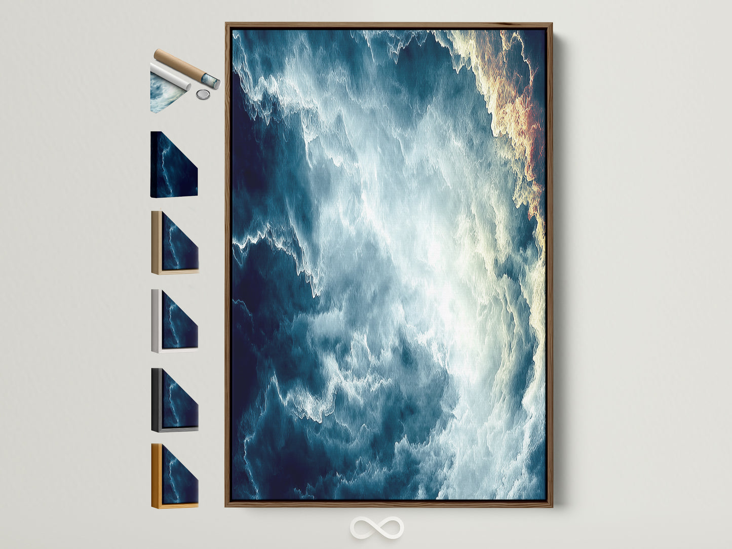Modern abstract cloudscape artwork in a brown frame is displayed. See all available frame options for this teal blue sky wall art. Perfect celestial decor for minimalist and modern spaces. Find your ideal frame to complement this dreamy art.